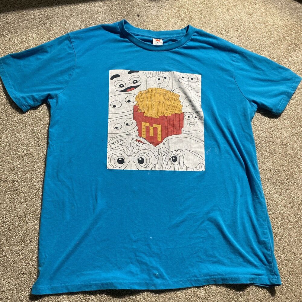 McDonald's Cartoon Eyes French Fry Shirt Blue Adult XL Fast Food Graphic Tee Uni